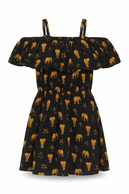 Mango Women Black Gold Elephant Print XS Off Shoulder Fit & Flare Dress