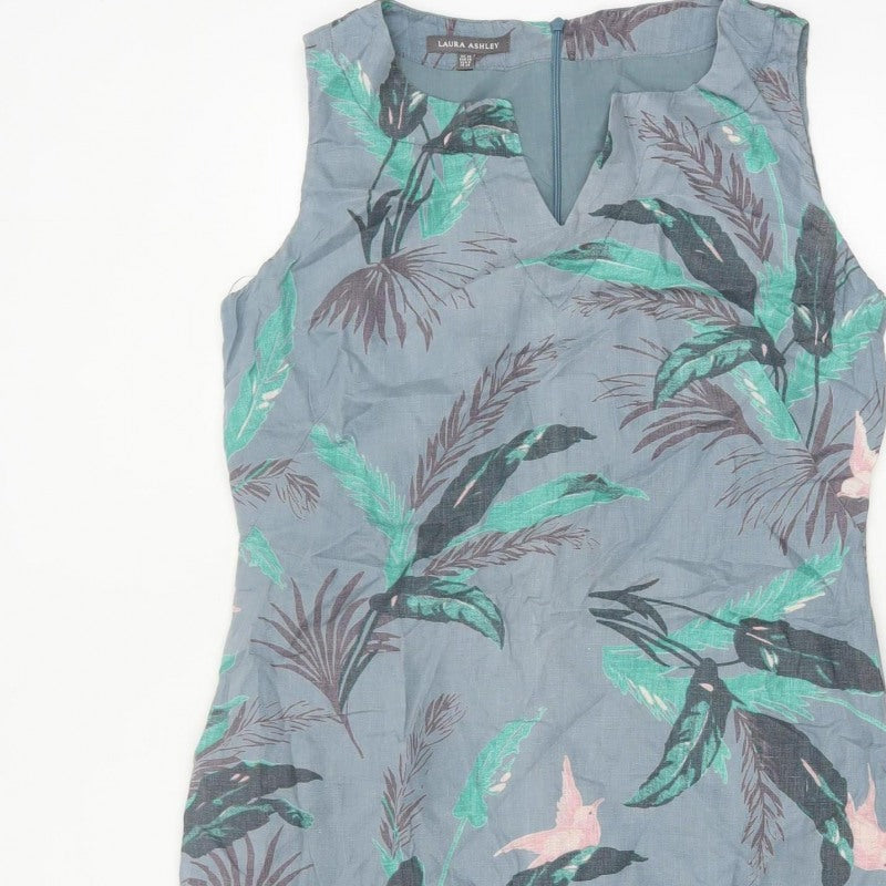 Laura Ashley Women Grey Floral Linen Fit & Flare Dress UK 10