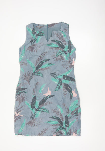 Laura Ashley Women Grey Floral Linen Fit & Flare Dress UK 10