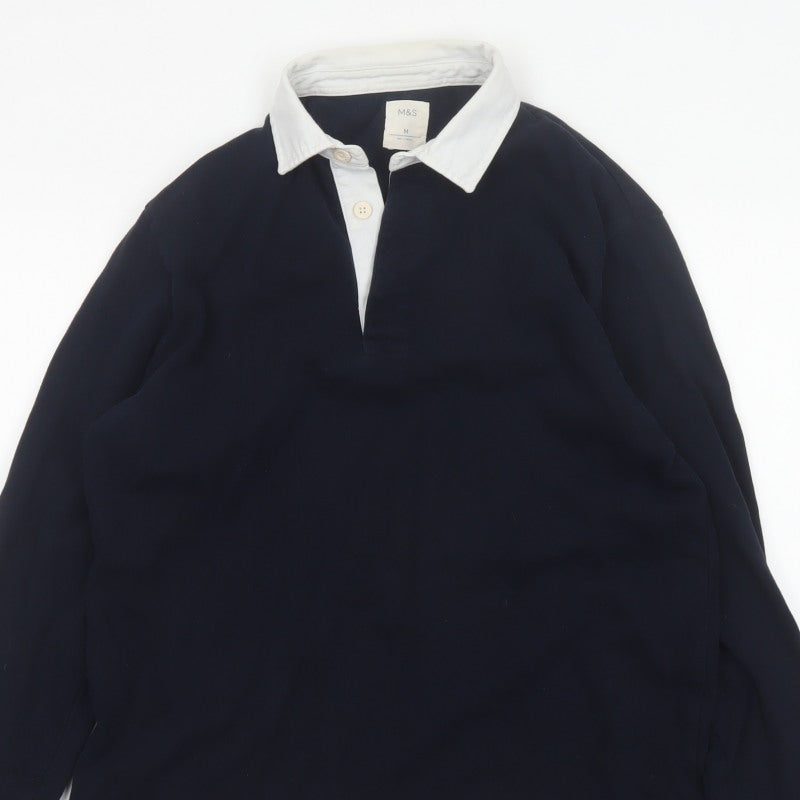 Marks & Spencer Men’s Blue White Collar Long Sleeve Polo Shirt M