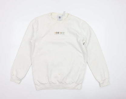 adidas Men Ivory S Pullover Crew Neck Logo Cotton Blend Sweatshirt