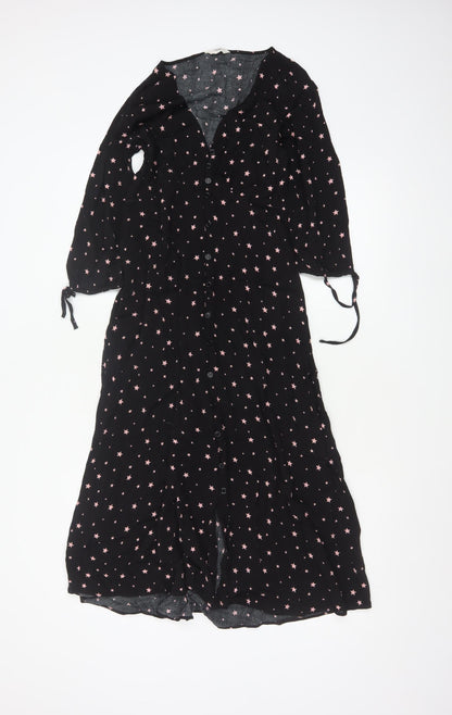 Hush Women Black Pink Star Print Size 8 Long A-Line Button Dress