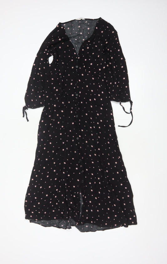 Hush Women Black Pink Star Print Size 8 Long A-Line Button Dress