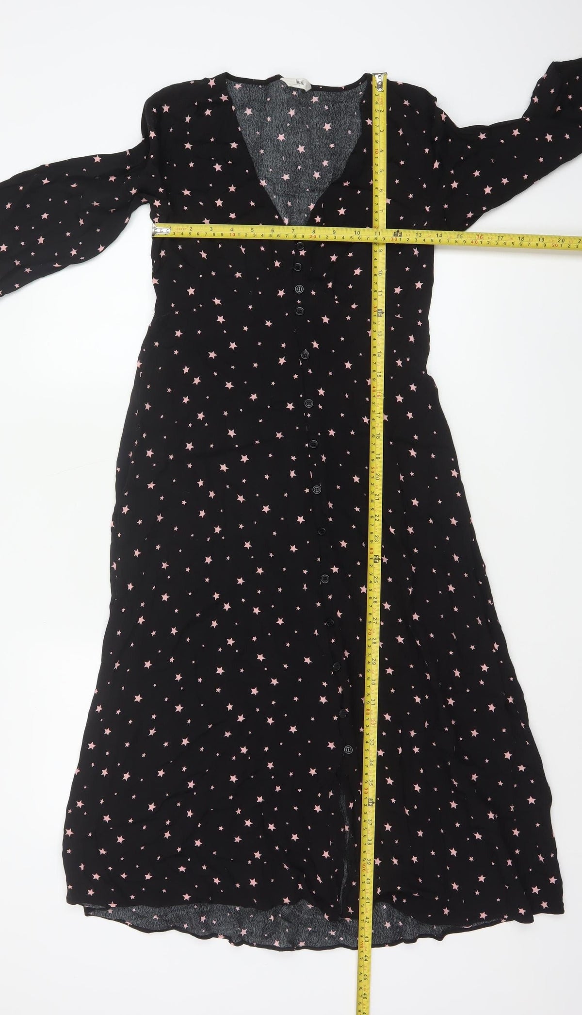 Hush Women Black Pink Star Print Size 8 Long A-Line Button Dress