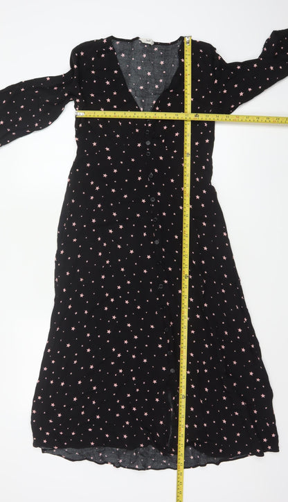 Hush Women Black Pink Star Print Size 8 Long A-Line Button Dress