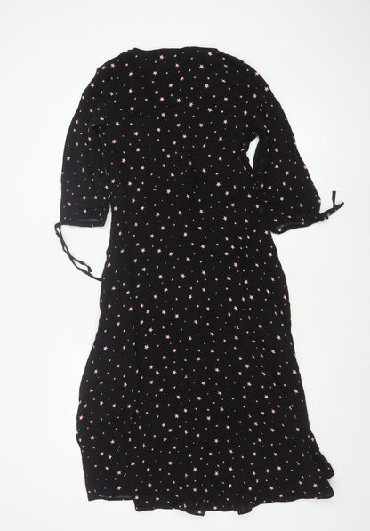 Hush Women Black Pink Star Print Size 8 Long A-Line Button Dress