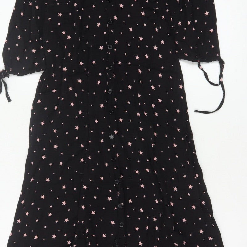 Hush Women Black Pink Star Print Size 8 Long A-Line Button Dress