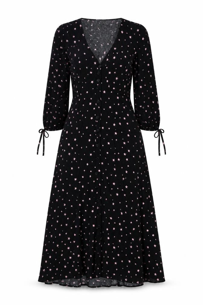 Hush Women Black Pink Star Print Size 8 Long A-Line Button Dress
