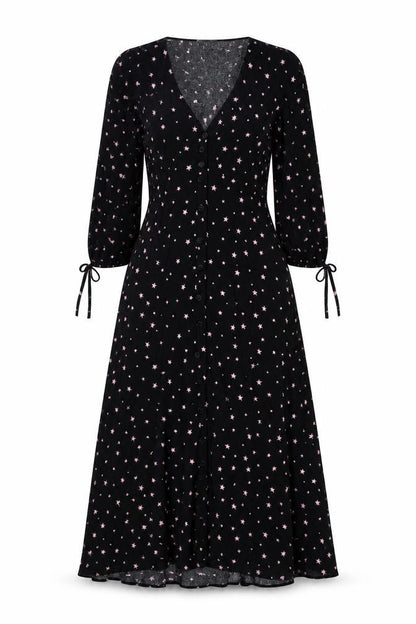 Hush Women Black Pink Star Print Size 8 Long A-Line Button Dress