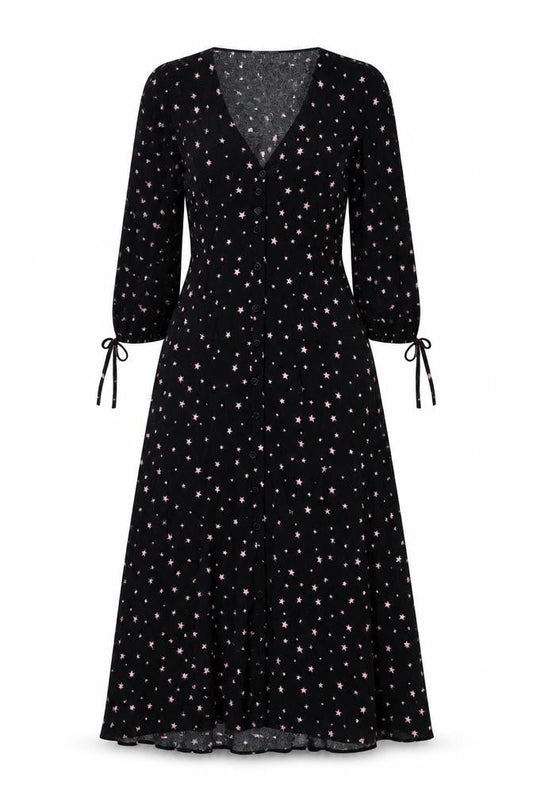 Hush Women Black Pink Star Print Size 8 Long A-Line Button Dress