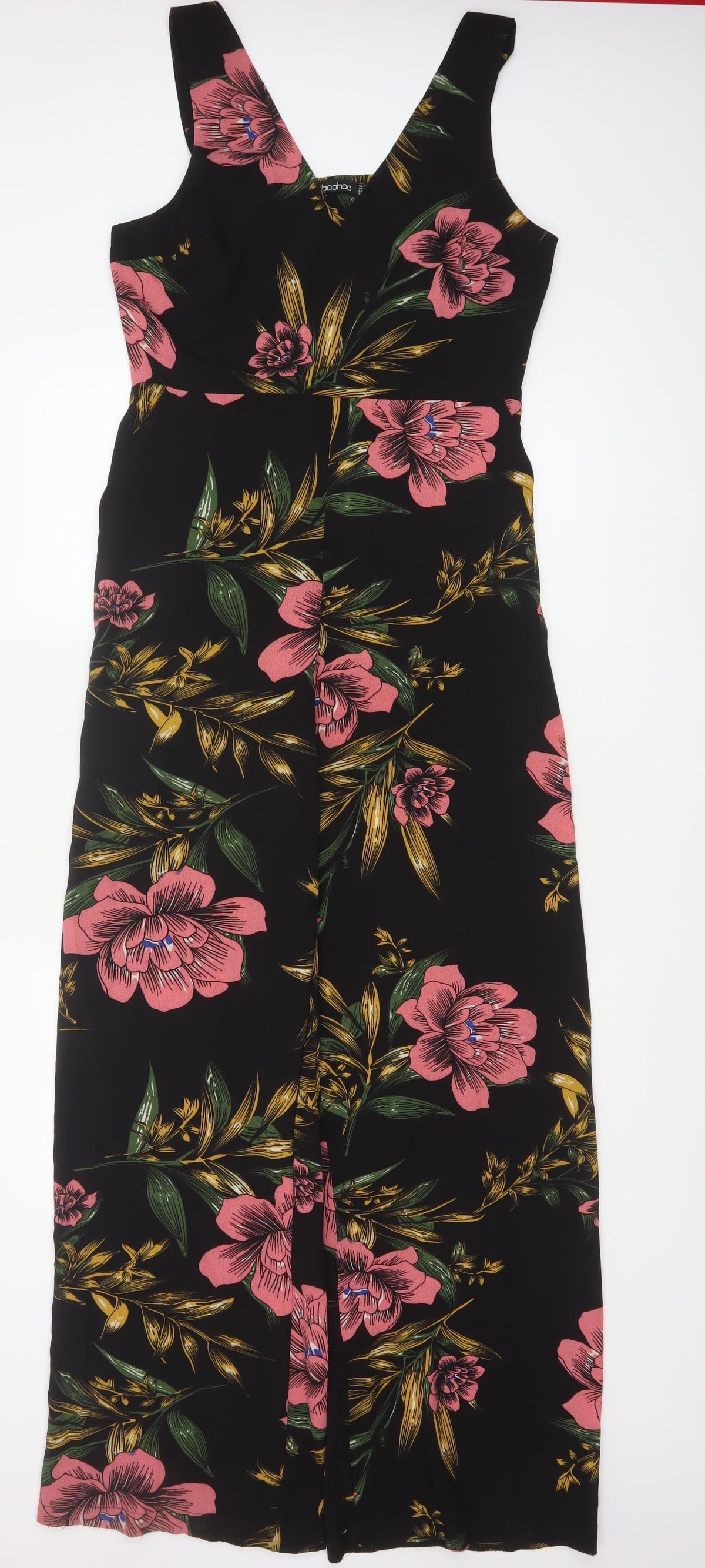 Boohoo Women Black Floral Maxi Wide Leg Jumpsuit UK 12