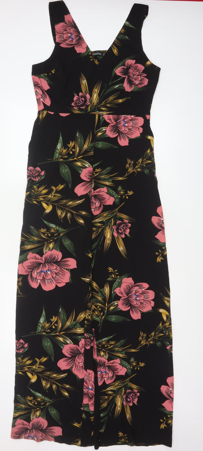 Boohoo Women Black Floral Maxi Wide Leg Jumpsuit UK 12