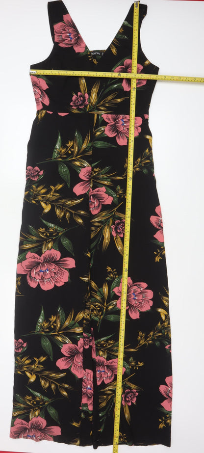 Boohoo Women Black Floral Maxi Wide Leg Jumpsuit UK 12