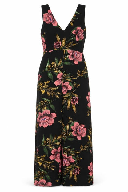 Boohoo Women Black Floral Maxi Wide Leg Jumpsuit UK 12