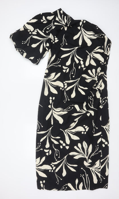 Marks & Spencer Women Black Floral Wrap Midi Dress UK 16 Short Sleeve