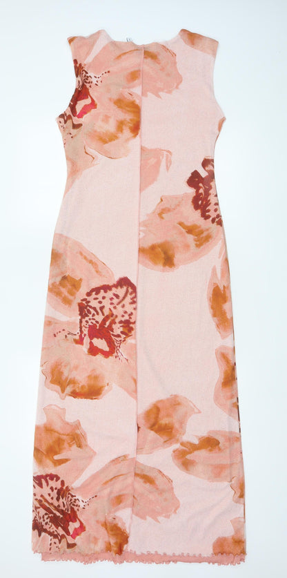 Cross Design Women’s Pink UK 12 Floral Sleeveless Jersey Maxi Dress