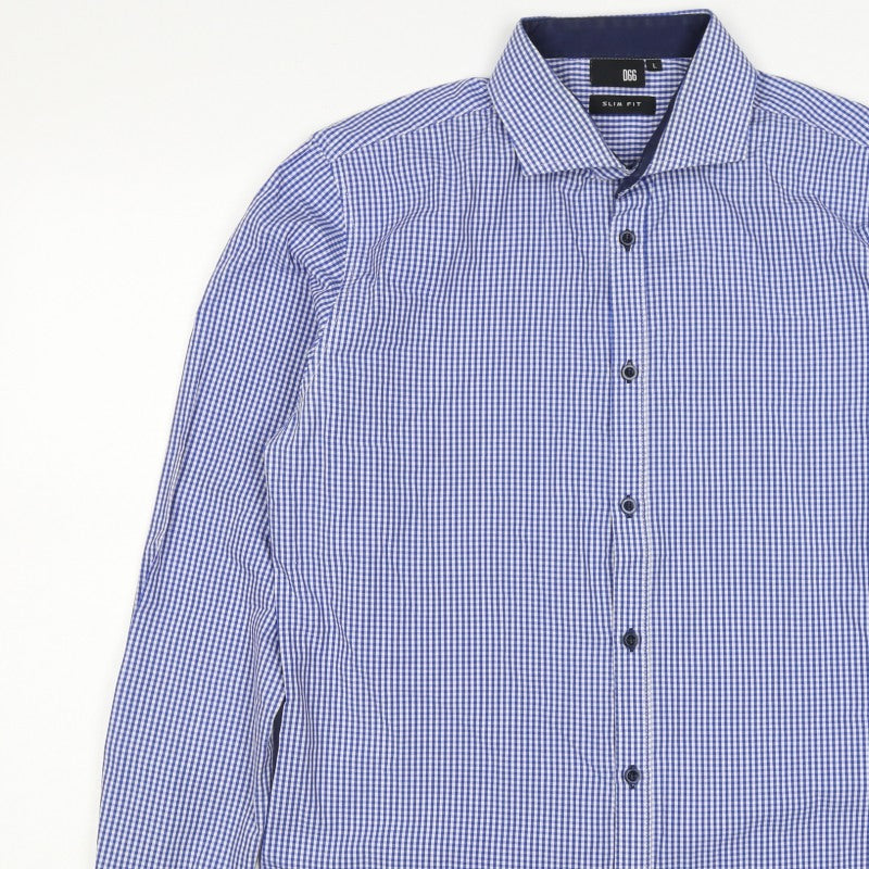 D66 Men's Blue Check Slim Fit L Cotton Blend Long Sleeve Button-Up Shirt