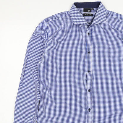D66 Men's Blue Check Slim Fit L Cotton Blend Long Sleeve Button-Up Shirt
