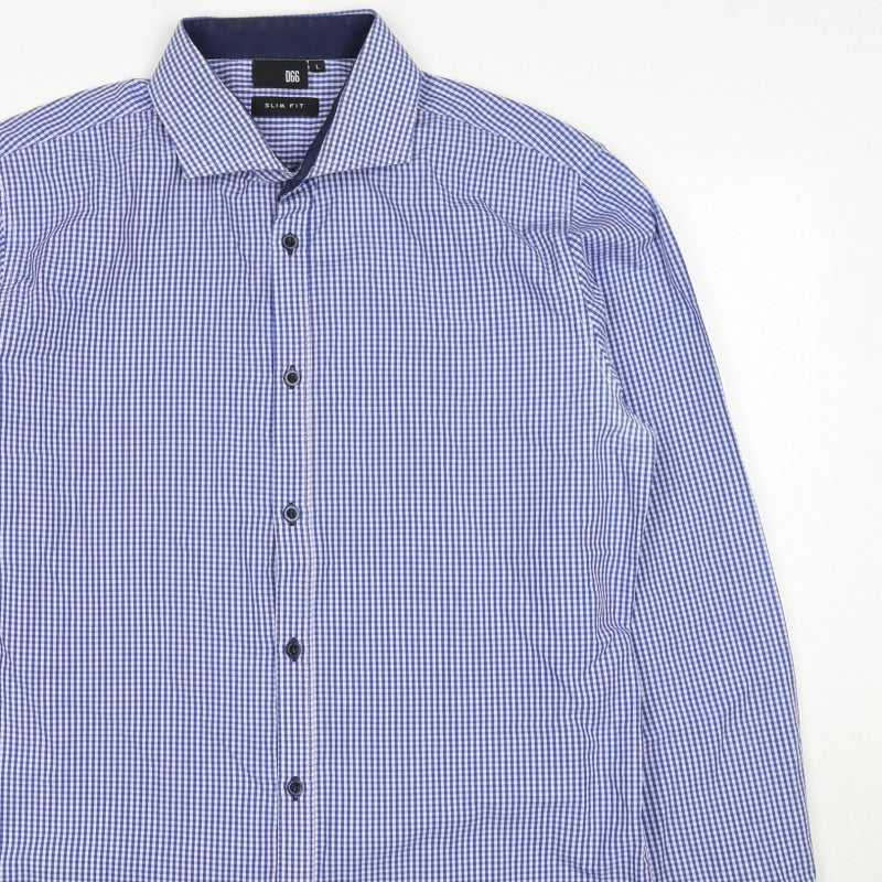 D66 Men's Blue Check Slim Fit L Cotton Blend Long Sleeve Button-Up Shirt