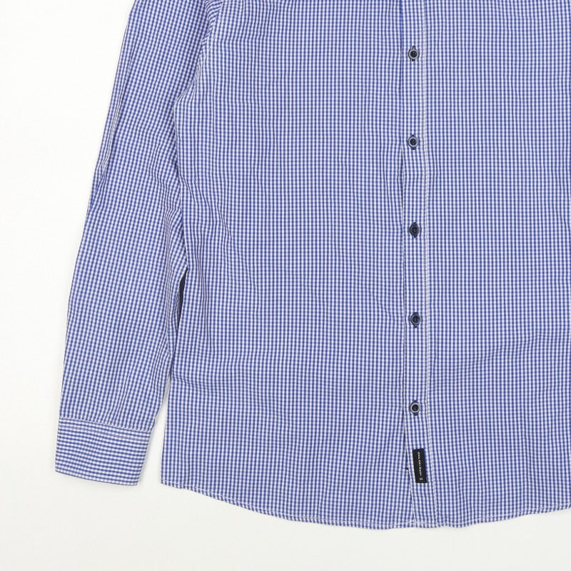 D66 Men's Blue Check Slim Fit L Cotton Blend Long Sleeve Button-Up Shirt