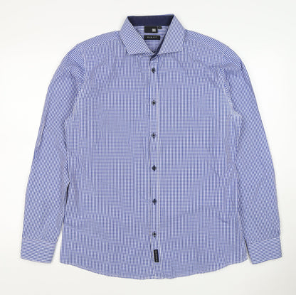 D66 Men's Blue Check Slim Fit L Cotton Blend Long Sleeve Button-Up Shirt