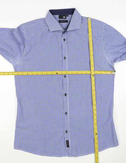 D66 Men's Blue Check Slim Fit L Cotton Blend Long Sleeve Button-Up Shirt