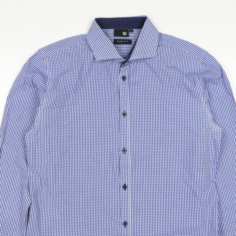 D66 Men's Blue Check Slim Fit L Cotton Blend Long Sleeve Button-Up Shirt