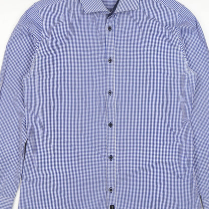 D66 Men's Blue Check Slim Fit L Cotton Blend Long Sleeve Button-Up Shirt
