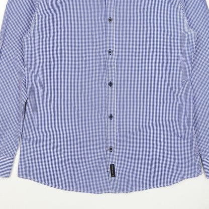 D66 Men's Blue Check Slim Fit L Cotton Blend Long Sleeve Button-Up Shirt