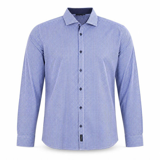 Front view of D66 Men's Blue Check Slim Fit L Cotton Blend Long Sleeve Button-Up Shirt