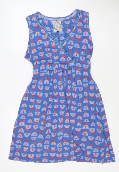 Mantaray Women Blue Geometric Cotton Fit & Flare Tie Dress UK 16