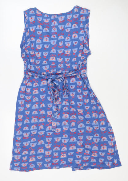Mantaray Women Blue Geometric Cotton Fit & Flare Tie Dress UK 16