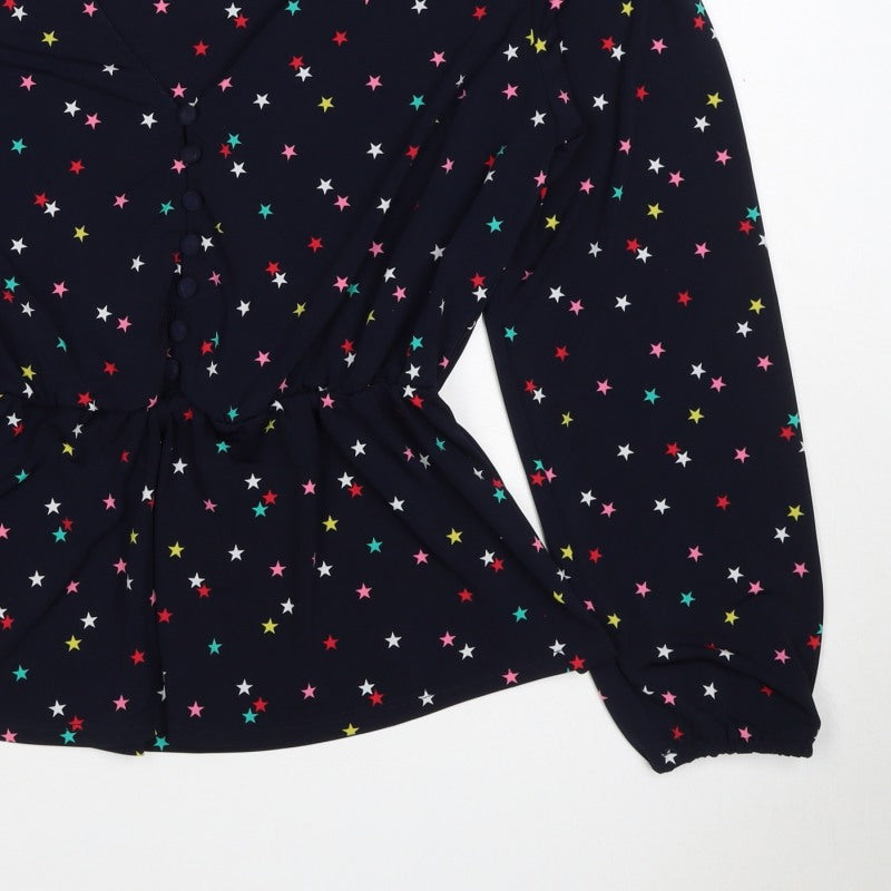 Oasis Women Multicoloured Star Print V-Neck Long Sleeve Blouse Size L