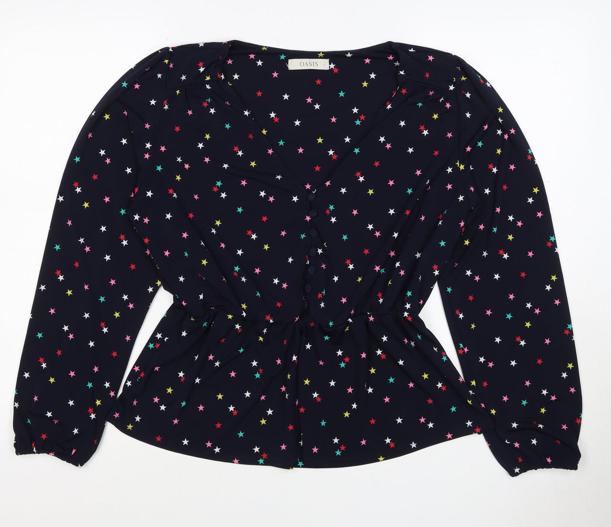 Oasis Women Multicoloured Star Print V-Neck Long Sleeve Blouse Size L