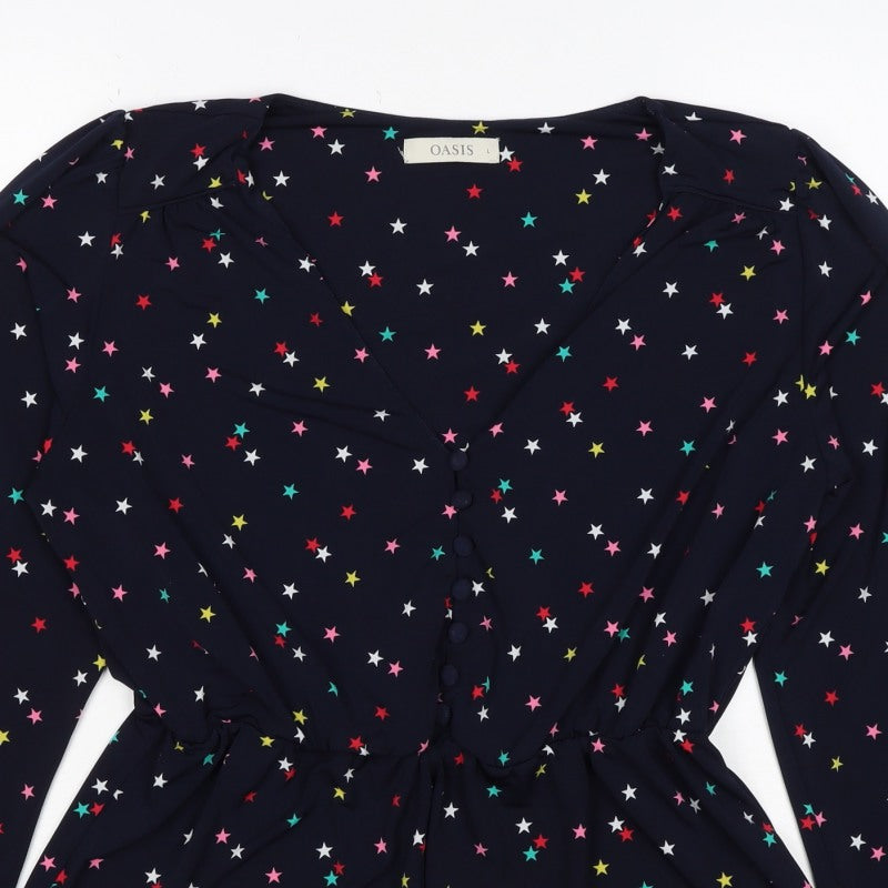Oasis Women Multicoloured Star Print V-Neck Long Sleeve Blouse Size L