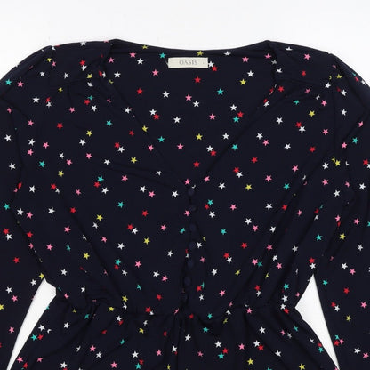 Oasis Women Multicoloured Star Print V-Neck Long Sleeve Blouse Size L