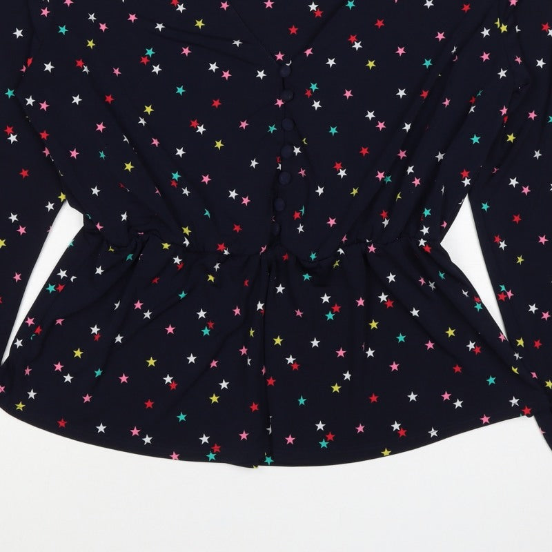 Oasis Women Multicoloured Star Print V-Neck Long Sleeve Blouse Size L