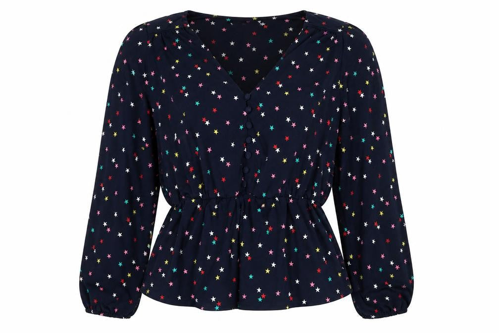 Oasis Women Multicoloured Star Print V-Neck Long Sleeve Blouse Size L