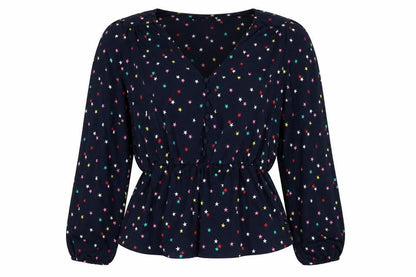 Oasis Women Multicoloured Star Print V-Neck Long Sleeve Blouse Size L