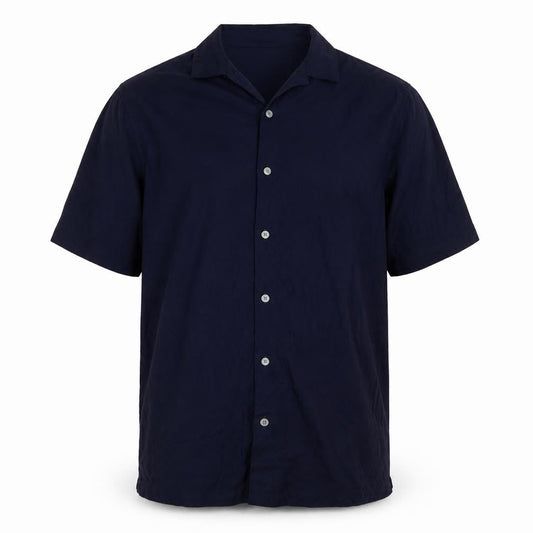 Front view of Autograph Men’s Navy Blue L Luxury Knitted Short Sleeve Button-Up Shirt