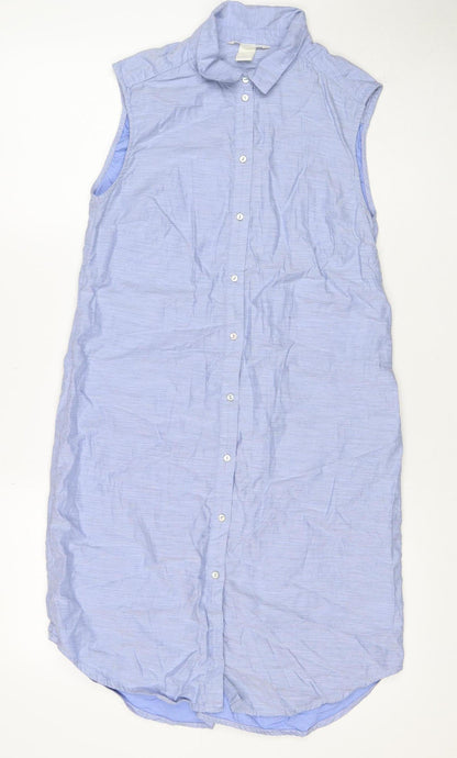 H&M Women Blue UK 8 Long Cotton Collared Button Shirt Dress