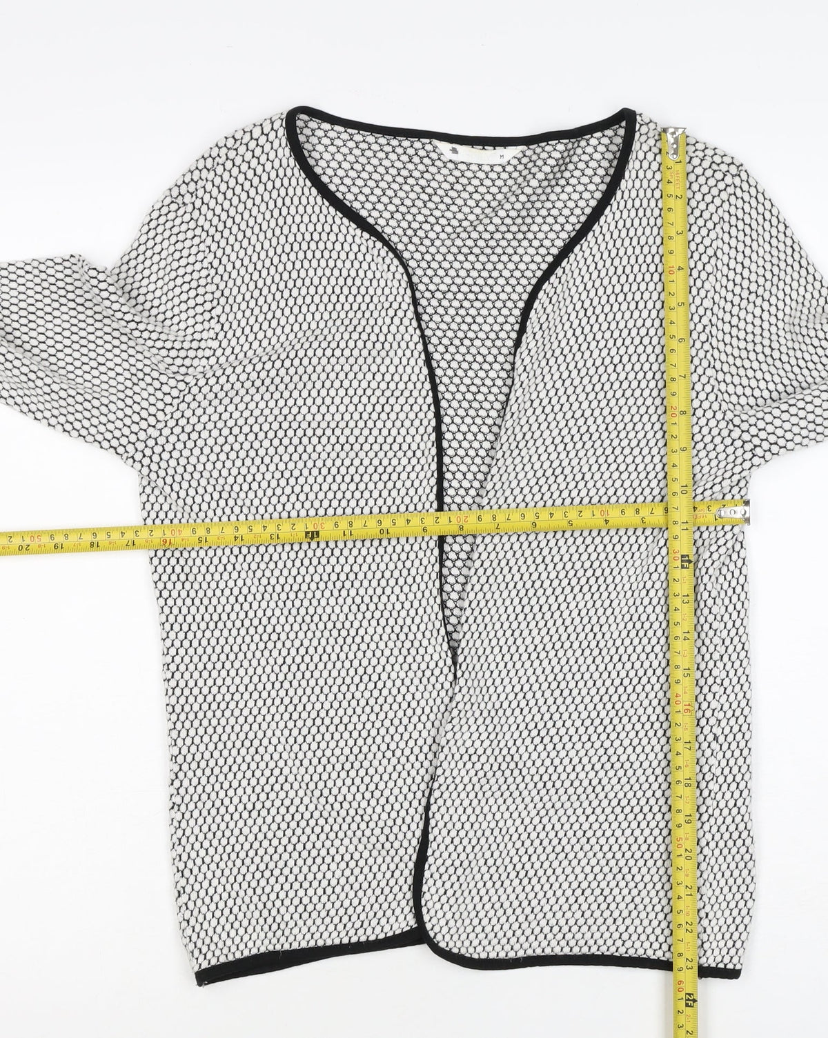 H&M Women White Black Geometric Knit Open Cardigan Size M
