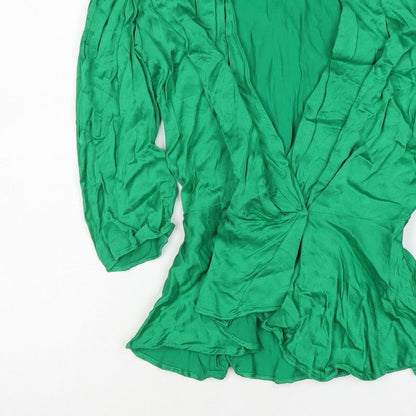 Zara Women Green S Wrap Blouse V-Neck Puff Long Sleeve Viscose