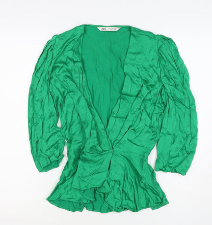 Zara Women Green S Wrap Blouse V-Neck Puff Long Sleeve Viscose