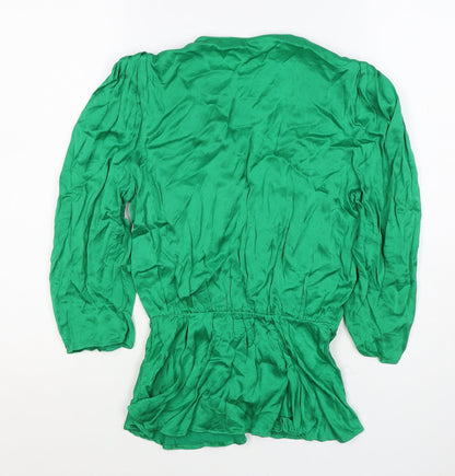Zara Women Green S Wrap Blouse V-Neck Puff Long Sleeve Viscose