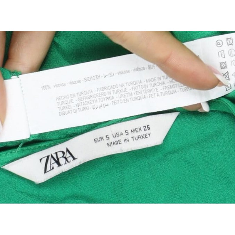 Zara Women Green S Wrap Blouse V-Neck Puff Long Sleeve Viscose