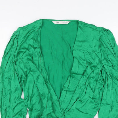 Zara Women Green S Wrap Blouse V-Neck Puff Long Sleeve Viscose