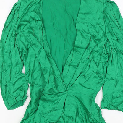 Zara Women Green S Wrap Blouse V-Neck Puff Long Sleeve Viscose