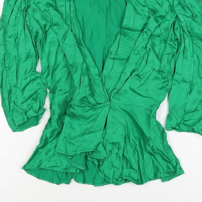 Zara Women Green S Wrap Blouse V-Neck Puff Long Sleeve Viscose