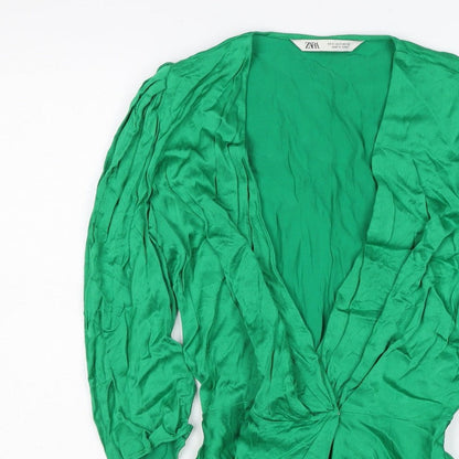 Zara Women Green S Wrap Blouse V-Neck Puff Long Sleeve Viscose